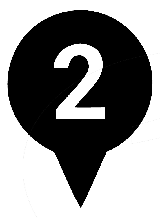 Black map pin with a white number 2, indicating step 2 or location marker 2.