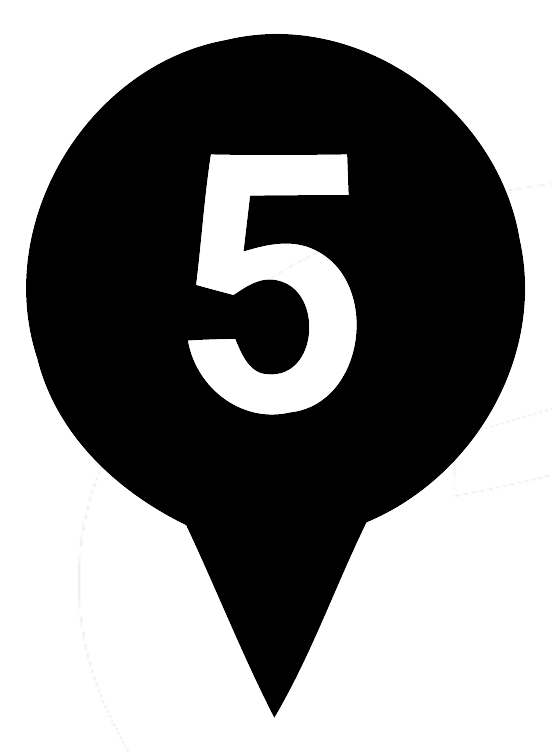 Black location pin with the number 5 inside, indicating location five.