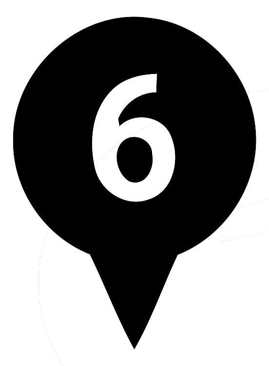 Black map pin icon with the number 6 inside, indicating location 6